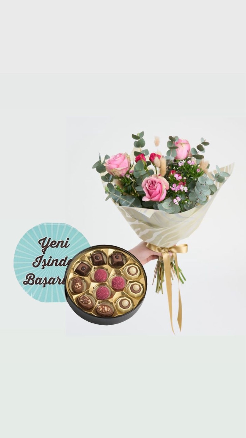 Bukette Pembe Çardak Güller & Yeni İş Tebrikli Çikolata