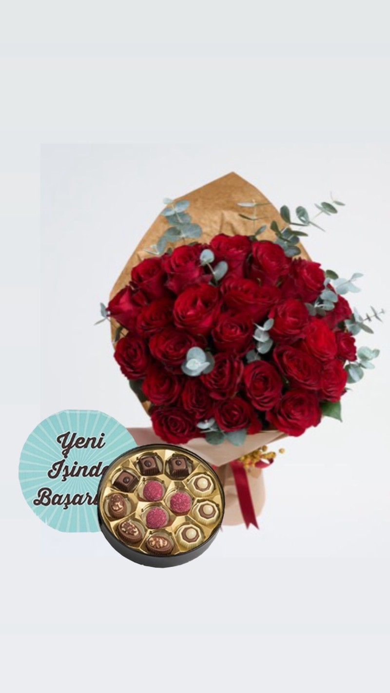 Bukette Yoğun Kırmızı Güller & Yeni İş Tebrikli Çikolata